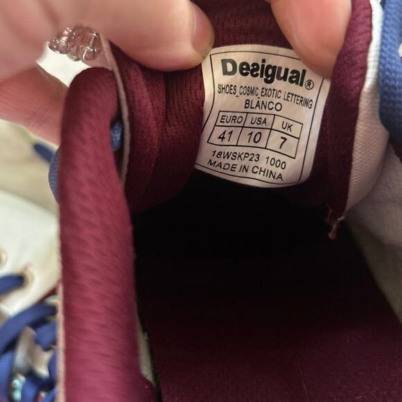 Desigual White Burgundy Aqua Mirror Boho Embellished Leather Sneakers - Picture 8 of 10